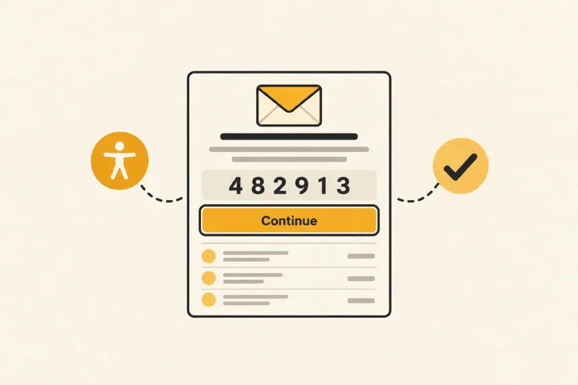 An accessible transactional email with clear text, a code field, and a visible keyboard focus ring.