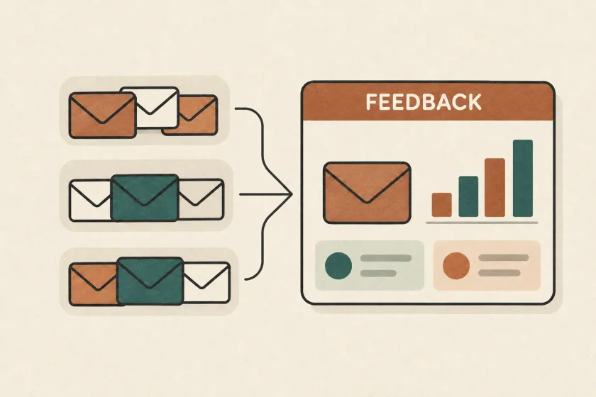 Email messages grouped into an aggregate feedback report with charts.