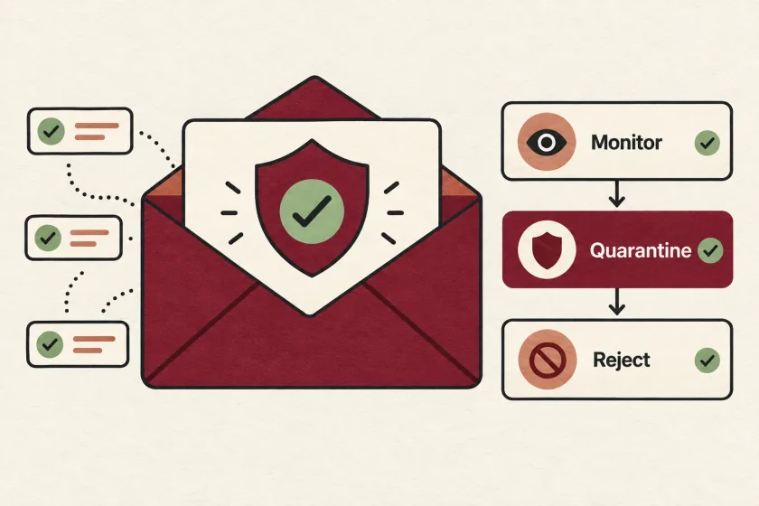 An authenticated email beside a staged DMARC policy checklist.