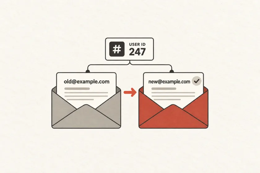 One stable user identity connected to an old and a new email address.