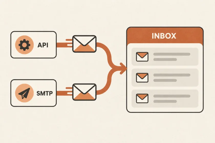 Illustrated API and SMTP delivery routes carrying email messages to an inbox.