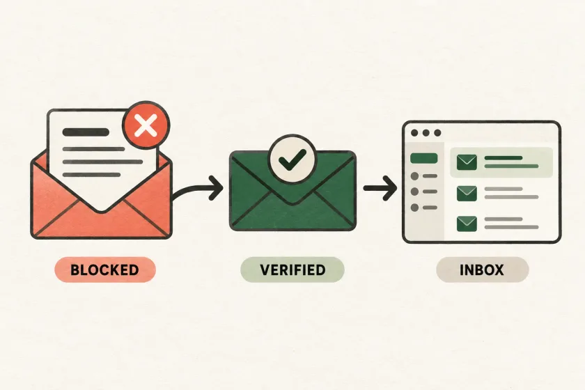 A blocked email progressing through checks toward successful inbox delivery.