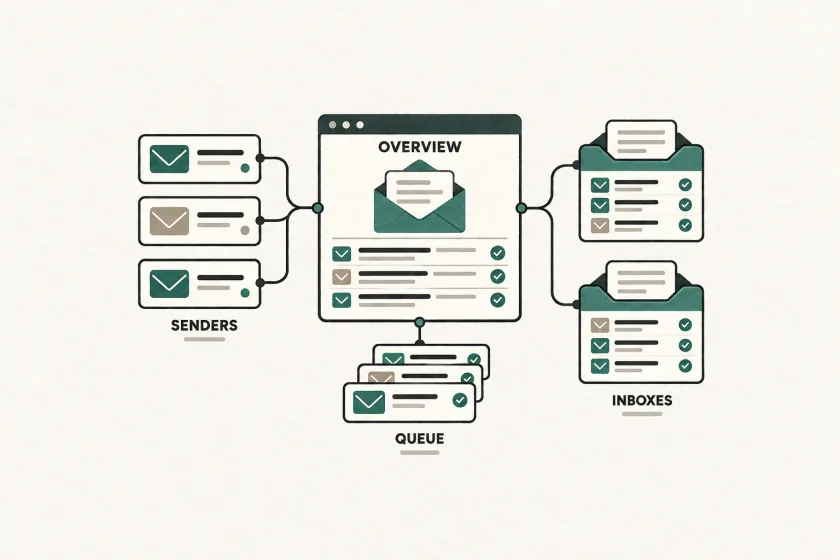 An illustrated map connecting email senders, message queues, and inboxes.