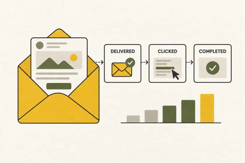Email delivery, engagement, and completed actions shown in an outcome dashboard.