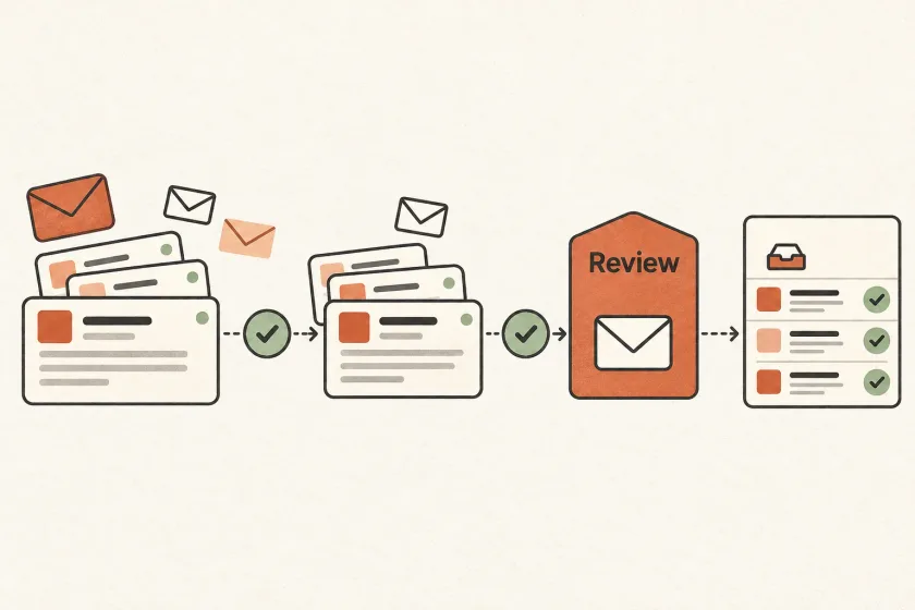 Email messages moving through automated checks and a manual review checkpoint.