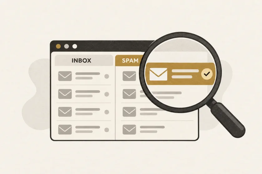 An illustrated email inbox with a magnifier locating a message among mail folders.