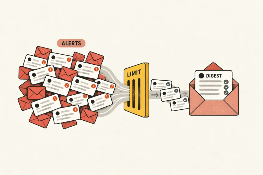A flood of email notifications reduced to an orderly set of inbox messages.