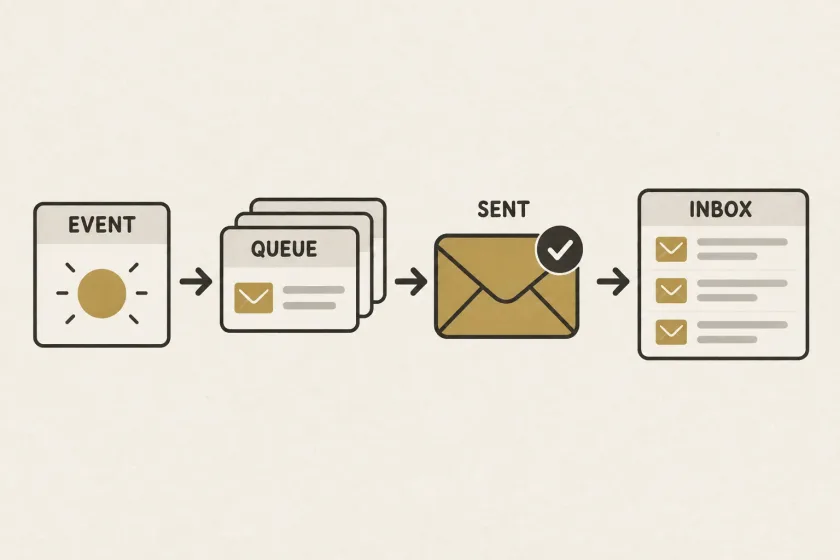 Product events moving through an email queue into a recipient inbox.