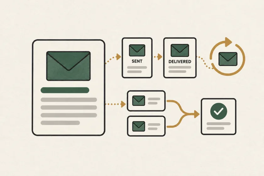 Email event cards with retry arrows and duplicate events resolving into one confirmed event.
